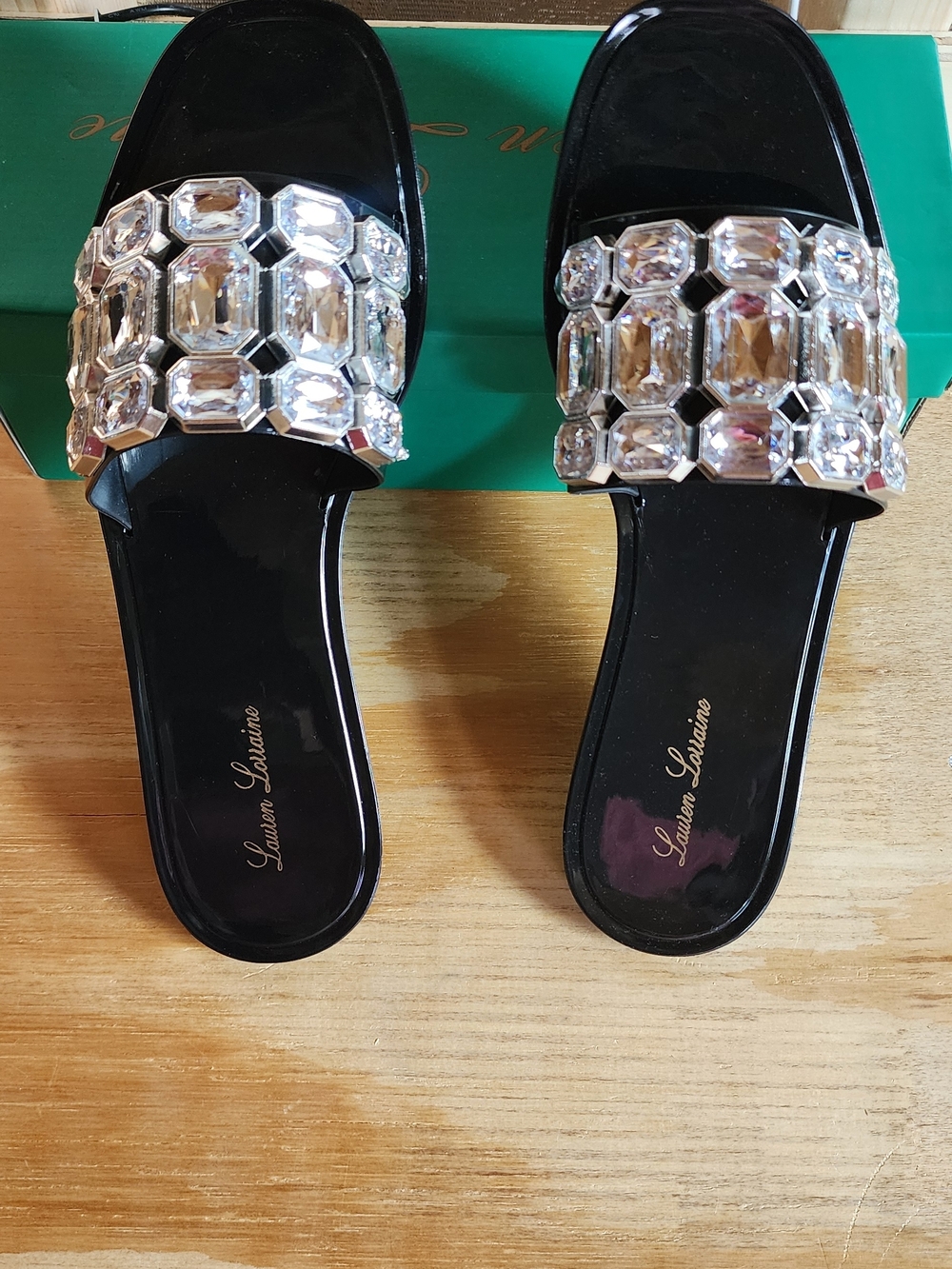 NEW!! Lauren Lorraine Black Slide Sandals with Crystal Embellishment, Sz 9.5,NWT - Picture 2 of 6